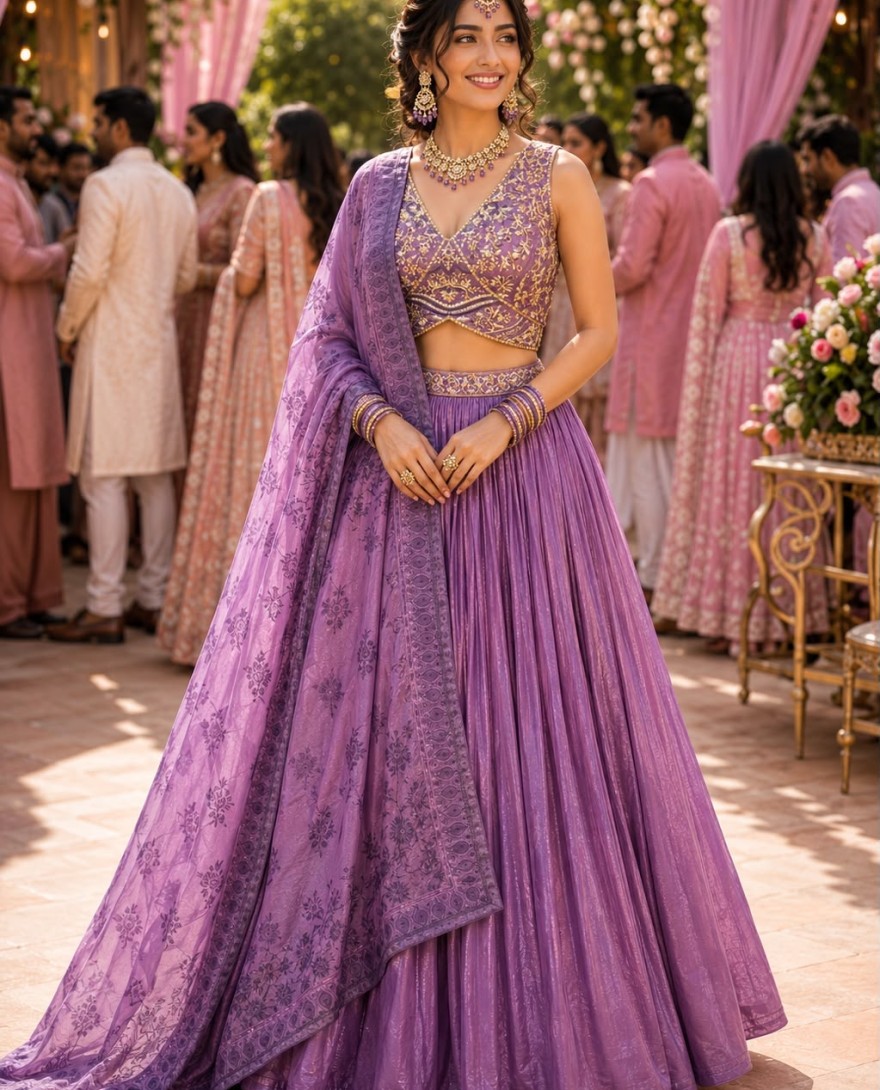 PURPLE - Lavender Tissue Embroidered Work Readymade Lehenga Choli